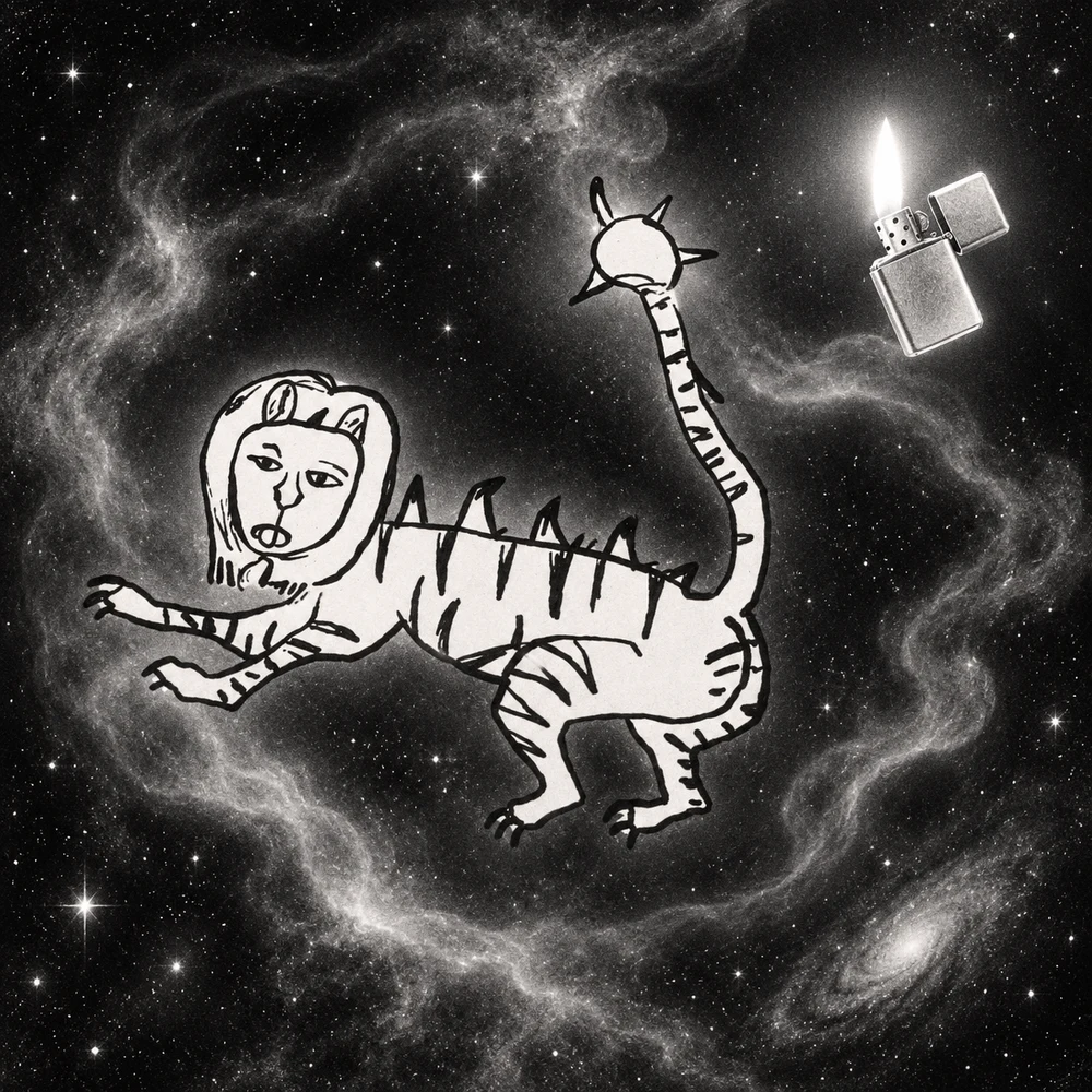 Hand-drawn Liger floating through a silver galaxy beside a glowing lighter
