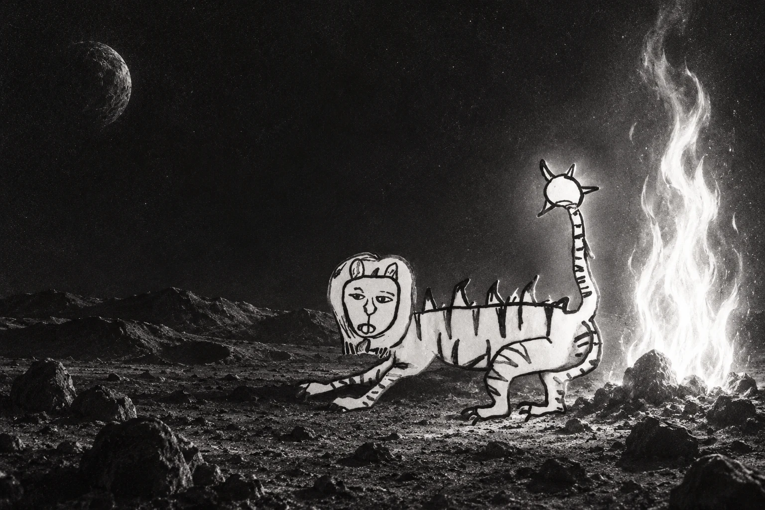 Liger on the moon beside a bright white flame