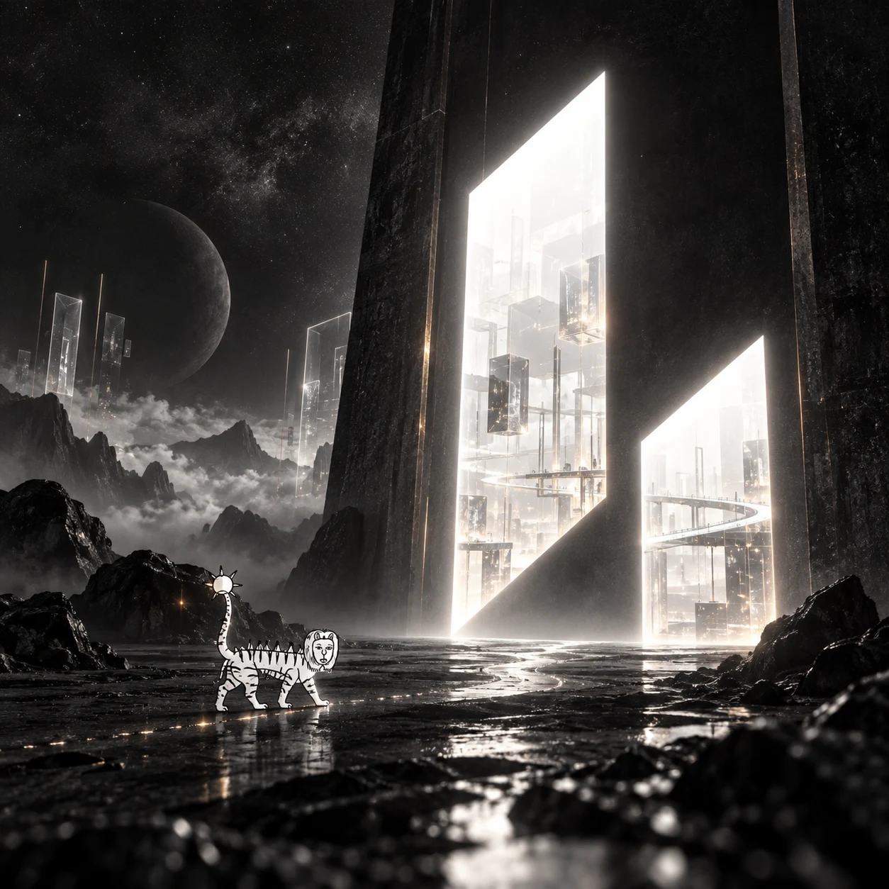 A tiny hand-drawn Liger approaches a monumental luminous Lighter doorway