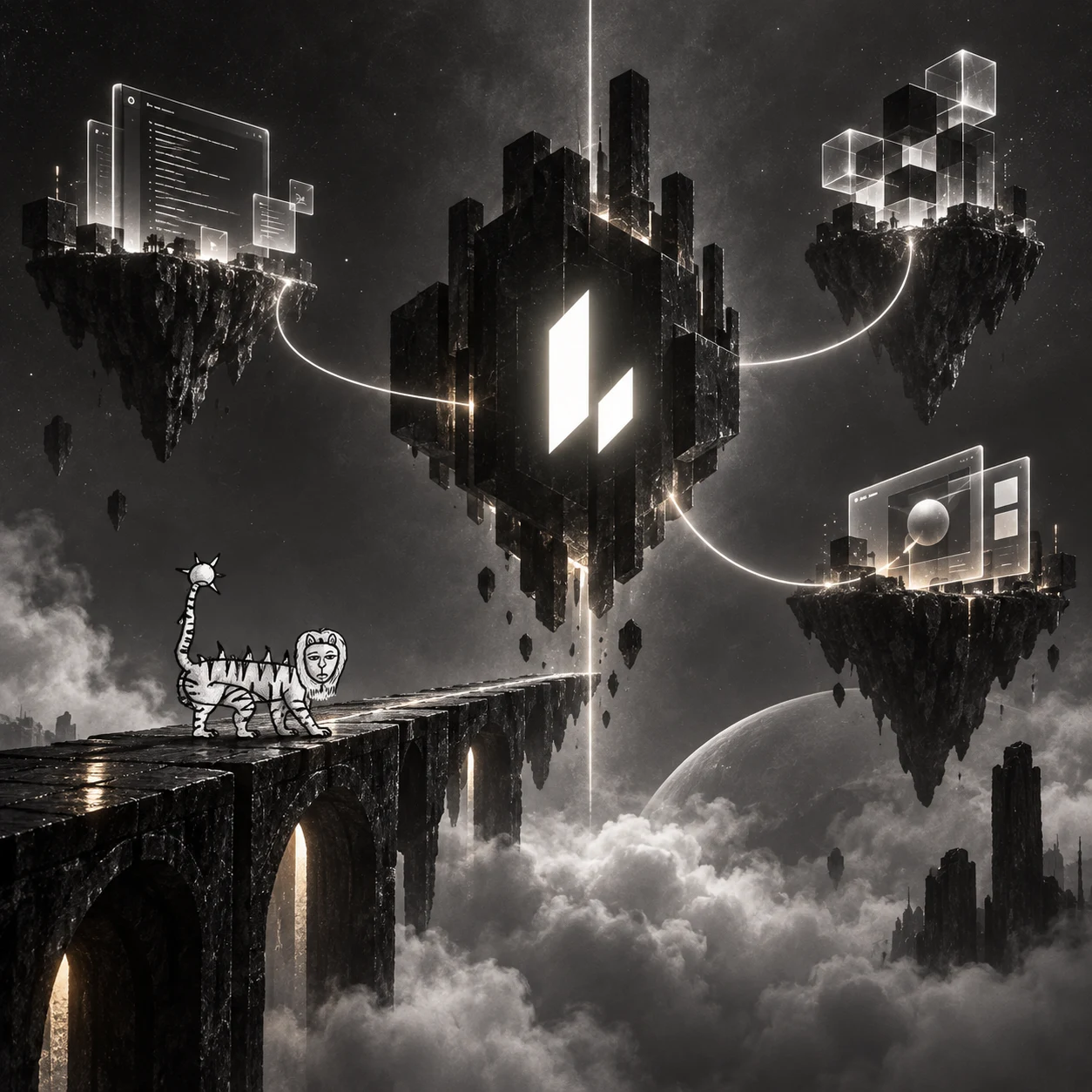 Liger crossing a bridge to floating worlds connected to a luminous Lighter core